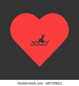 Bottle floating on waves icon flat. Simple pictogram on heart background. Vector illustration symbol