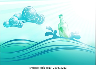 Bottle floating in the Sea. Bottle with a message on the sea waves.