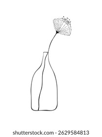 Bottle with flower poppy, hand drawn outline drawing in boho style, vintage , decor line art, isolated on white background.