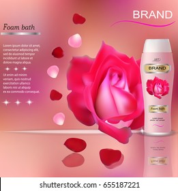 Bottle of foam bath with red rose petals on background. EPS 10 vector.