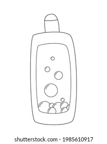 Bottle with foam and bubbles on the label. For shampoo or shower gel, liquid soap or any detergent.Contour black and white isolated illustration in doodle style on white background.