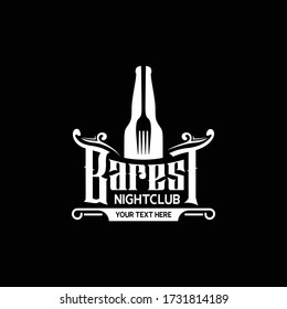 Bottle and fork for vintage retro bar and restaurant logo design vector illustration