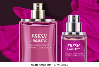 Bottle with fragrant perfume on the background of a bright cockroach with folds. New cosmetic product, realistic vector illustration.