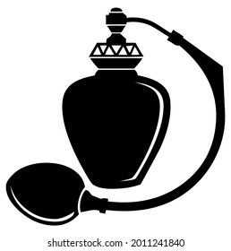 Bottle of french parfume with sprayer, in old, retro style, symbol, vector, illustration, in black and white color, isolated on white background