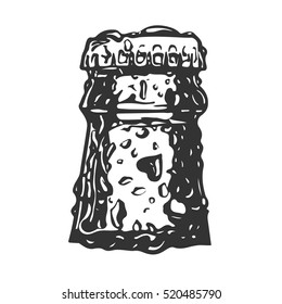 Bottle of fresh beer with cap and water drops on white background. Hand drawn vector illustration. Background for design works.