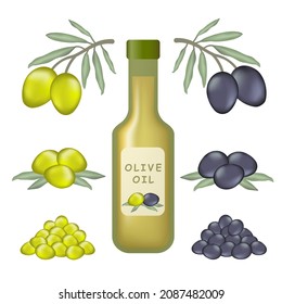 Botella de aceite de oliva extra virgen fresco.
Aceitunas en la rama con hojas.
Rama de oliva con hojas frescas y aceitunas.
Aceitunas verdes y negras.