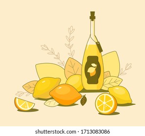 Bottle of fresh homemade lemonade. Bottle of tasty limoncello. Still life food with fresh juicy bright lemons. Liquor