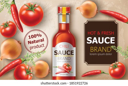 Bottle Of Fresh And Hot Natural Chili Sauce Surrounded By Tomatoes, Onions And Peppers. Place For Text. Realistic 3D Mockup Product Placement. Vector