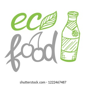 Bottle with fresh juice isolated on white background. Vector illustration of ecological product label with lettering. Logo with leaf, cherry and bottle. Healthy food and drinks.