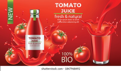 Bottle of fresh and natural bio juice submerged in flowing liquid and tomatoes with a cup of splashing fluid. Place for text. Realistic 3D mockup product placement. Vector