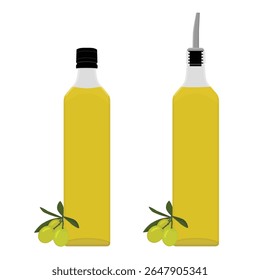 Bottle of fresh olive oil and olives with leaves on white background. Vector illustration