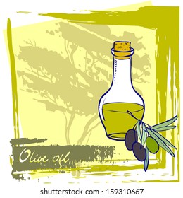Bottle with fresh olive oil. Vector label environmentally friendly natural product