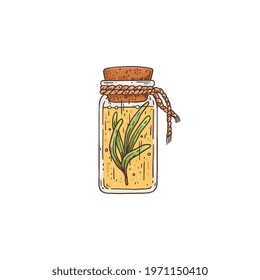 Bottle With Fresh Rosemary Sprig In Oil, Hand Drawn Engraving Style Vector Illustration Isolated On White Background. Rosemary Tincture Or Aroma Oil In Bottle.