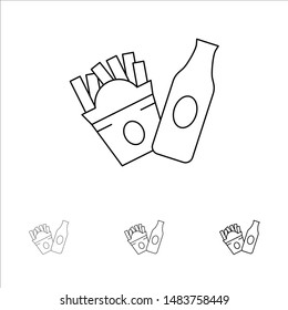 Bottle, Fries, American Bold and thin black line icon set