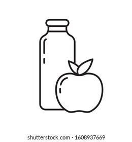 Bottle with fruit icon. Thin line art template for apple or peach juice or smoothie. Black and white simple illustration. Contour hand drawn isolated vector image on white background