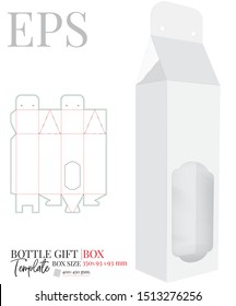 Bottle Gift Box Template, Vector With Die Cut / Laser Cut Layers.  White, Clear, Blank, Isolated Bottle Gift Box Mock Up Isolated On White Background, Perspective View, Wine Bottle Box