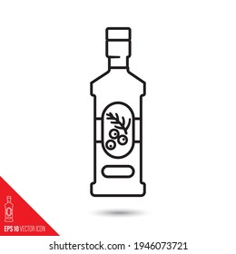 Bottle of gin with juniper berries and twig on label line icon vector