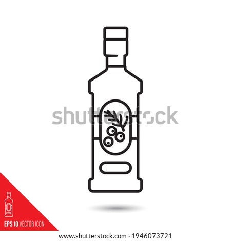 Bottle of gin with juniper berries and twig on label line icon vector