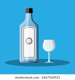 Bottle of gin with shot glass. Gin alcohol drink. Vector illustration in flat style