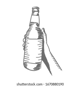 Bottle in a girl female hand. Glass bottle with a label. Sketch hand drawn. Hatched drawing picture. Gray pencil. Vector illustration.