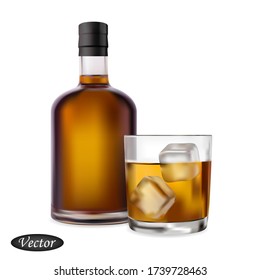 Bottle and glass alcohol isolated on white background. Realistic strong drink. Cognac, whiskey, brandy, scotch, bourbon. Macro icon. Vector illustration beverage 3D. Colorful mock up. Design element.