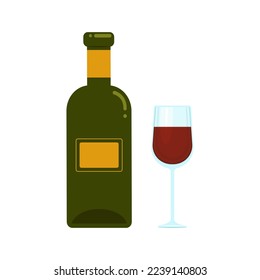 Bottle and glass with alcohol, wine, cabernet, chardonnay. Vector object on a white background, isolate