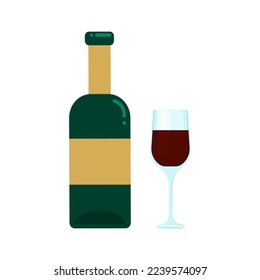 Bottle and glass with alcohol, wine, cabernet, chardonnay. Vector object on a white background, isolate.