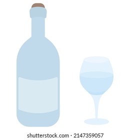 Flasche und Glas mit alkoholischem Getränk. Farbvektorgrafik. Blaues Glasbehältnis mit Wein und Kristallglas. Die Flasche mit dem Etikett ist mit einem Kork verschlossen. 