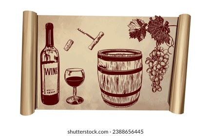 Bottle, glass, barrel of red wine, vine, leaves, corkscrew. Vector illustration on a vintage roll. Menus, wine lists, labels, banners, flyers.