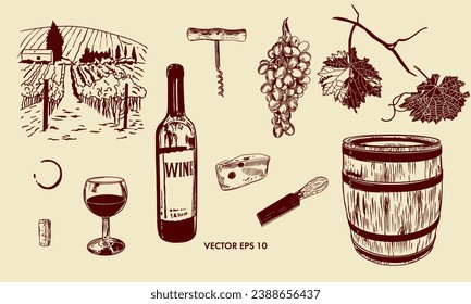 Bottle, glass, barrel of wine, grapes, leaves, cheese, vineyards, bottle opener. Vector illustration of a wine. Menus, wine lists, labels, banners.