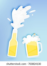 Bottle and glass of beer with bubble and funny man in paper cut style vector illustration