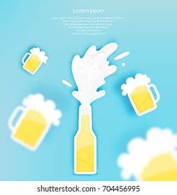 Bottle and glass of beer with bubble in paper cut style vector illustration