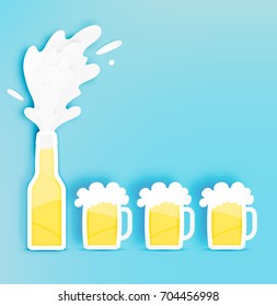 Bottle and glass of beer with bubble in paper cut style vector illustration