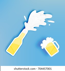 Bottle and glass of beer with bubble in paper cut style vector illustration