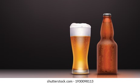 bottle and glass of beer with bubbles