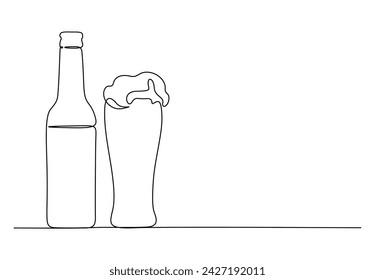 Bottle and glass with beer continuous single line drawing vector illustration. Isolated on white background. Pro vector