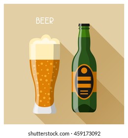 Bottle and glass of beer in flat design style.
