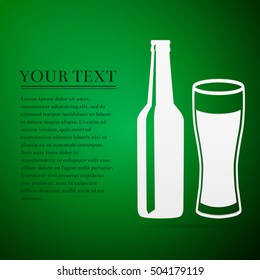 Bottle and glass of beer flat icon on green background. Vector Illustration