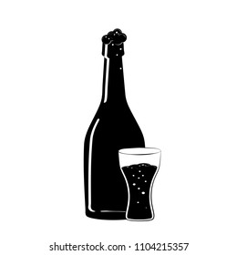 Bottle And Glass Of Beer Icon. Flat Black Silhouette Of A Beer Bottle. Iconography. Vector Illustration