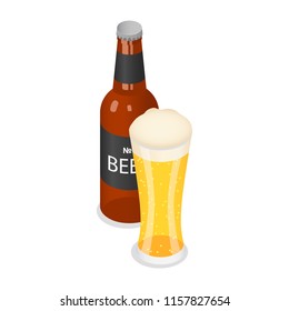 Bottle and glass of beer icon. Isometric of bottle and glass of beer vector icon for web design isolated on white background