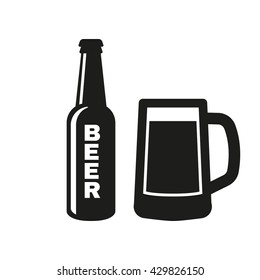 Bottle and glass of beer icon. Beer and pub, bar symbol. UI. Web. Logo. Sign. Flat design. App.Stock vector