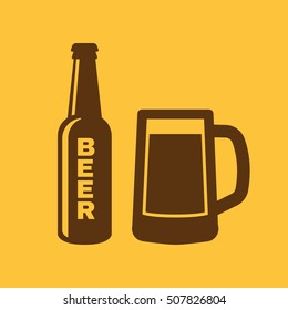 Bottle and glass of beer icon. Beer and pub, bar symbol. UI. Web. Logo. Sign. Flat design. App.Stock vector