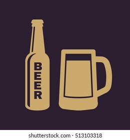 Bottle and glass of beer icon. Beer and pub, bar symbol. UI. Web. Logo. Sign. Flat design. App.Stock vector