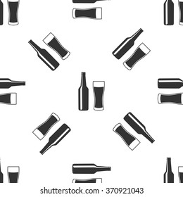 Bottle and glass of beer icon seamless pattern on white background. Vector Illustration