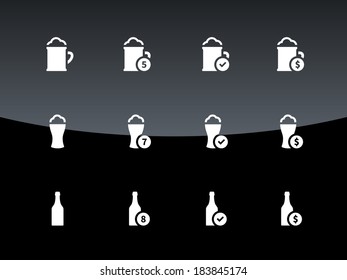 Bottle and glass of beer icons on black background. Vector illustration.