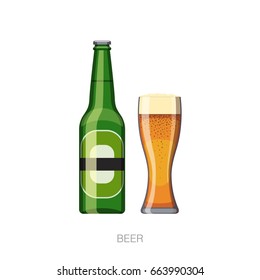 Bottle and glass of beer illustration. Vector icon.