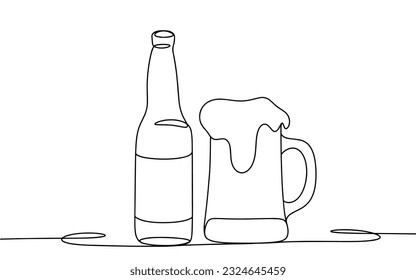 Bottle and glass of beer. International Beer Day. One line drawing for different uses. Vector illustration.