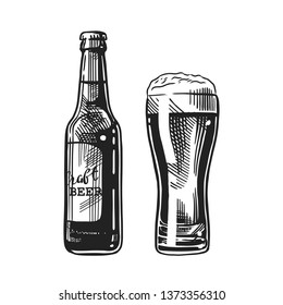 Bottle and glass of beer isolated on white background, hand-drawing. Vector vintage engraved illustration.