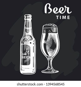 Bottle and glass of beer isolated on black background, hand-drawing. Beer time lettering. Vector vintage engraved illustration.
