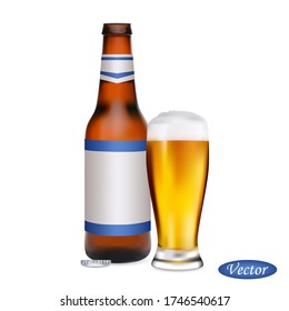 Bottle and glass of beer isolated on a white background. Realistic drink. Set icons beer 3D. Vector illustration. Design element.